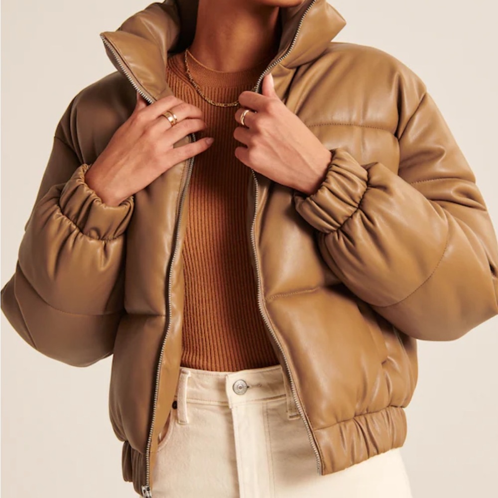 NWT Abercrombie & Fitch Ultra Mini Puffer Camel Vegan Faux Leather Bomber Sz XL